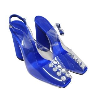 Paul Andrew Womens Heels Serrano Blue Satin PVC Cabochon Peep Toe Slingback 37 7